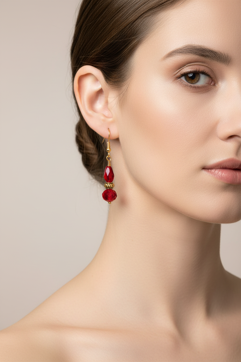 Red beaded earrings with gold accents on surgical steel & nickel free french wires 
