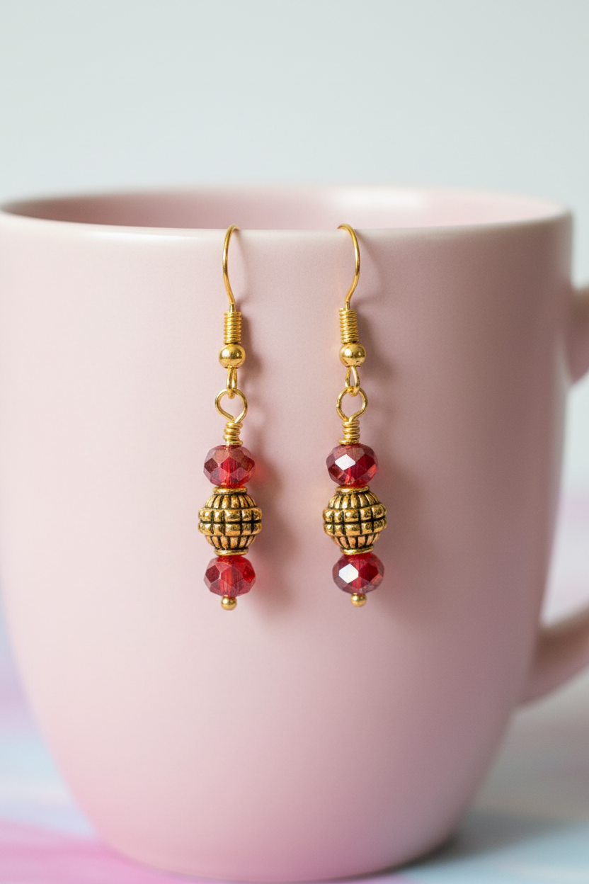 Red & Gold Dangle Beaded Earrings