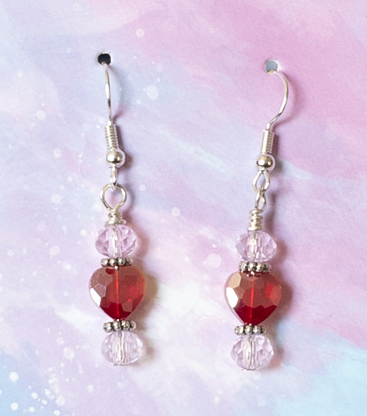 Red Heart Crystal Bead Dangle Earrings