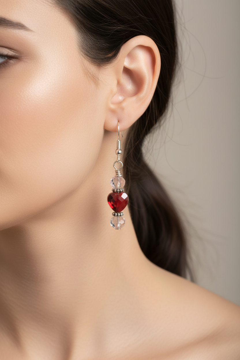 Red Heart Crystal Bead Dangle Earrings